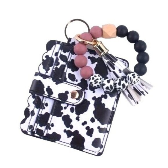 Cow Print ID & Card Holder With‎ Rust Accent Beads , Wristlet, Purse, Wallet NEW - Picture 1 of 2